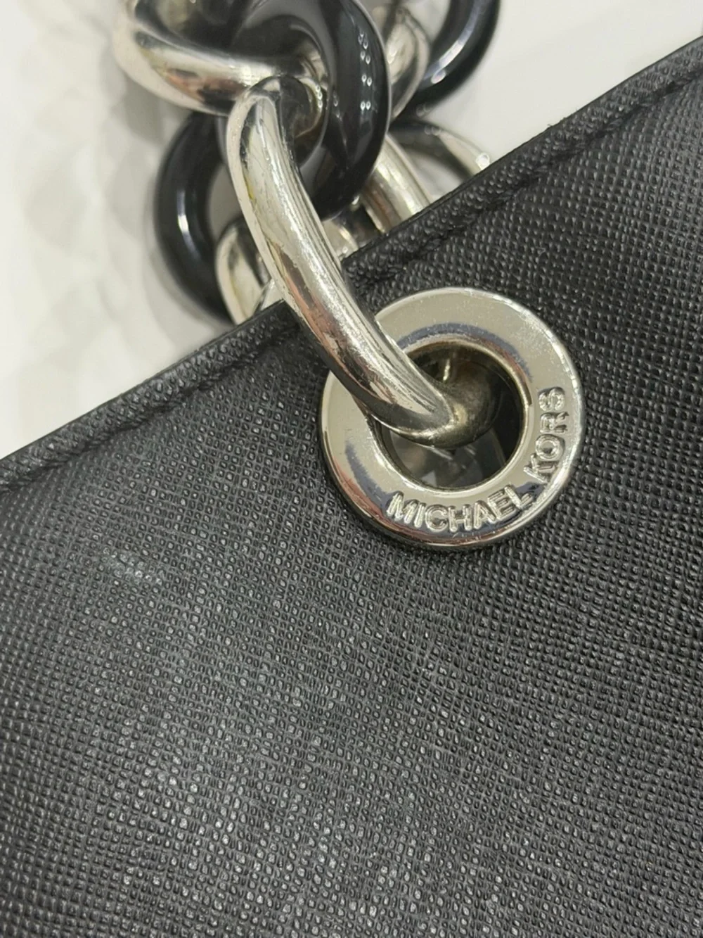 MICHAEL KORS Black Tote Shoulder Bag Silver Chain Strap MK Charm Classic